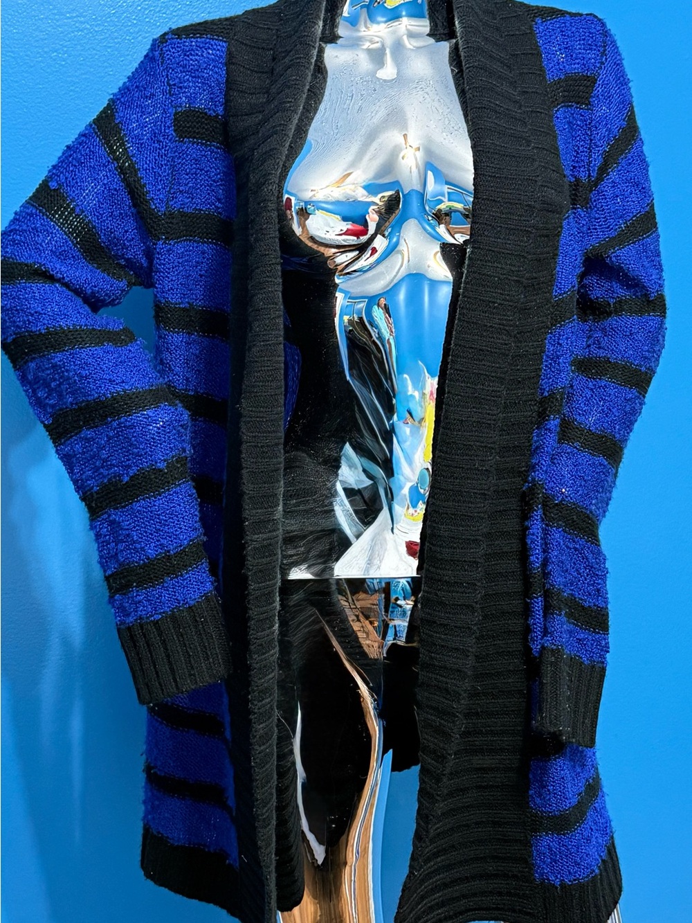 new directions Women’s Open-Front Striped Cardigan - Blue & Black L